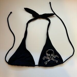 X-small rhinestone skull bikini top black